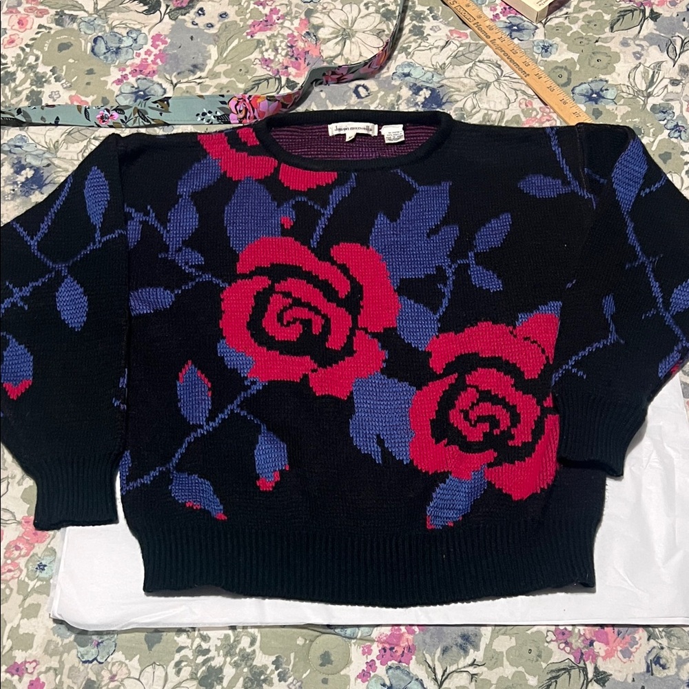 Vintage Jason Maxwell Knit Sweater - Black and Red Rose Acrylic
